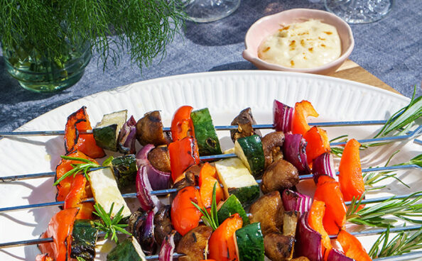 grilled vegetable skewers with cheddar cheese dip