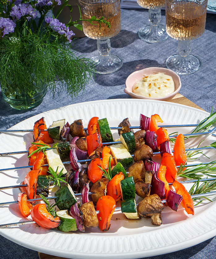 grilled vegetable skewers with cheddar cheese dip